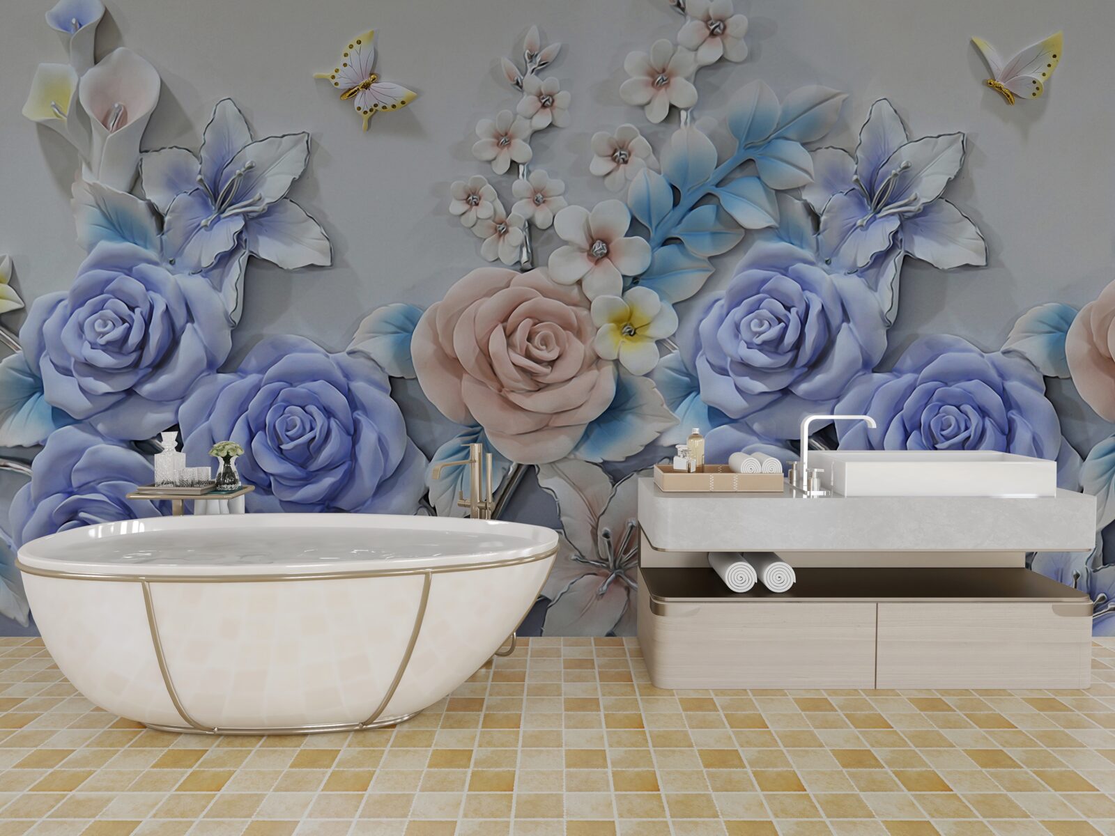 Papier peint les lys et les roses deviennent la piste de vol des papillons