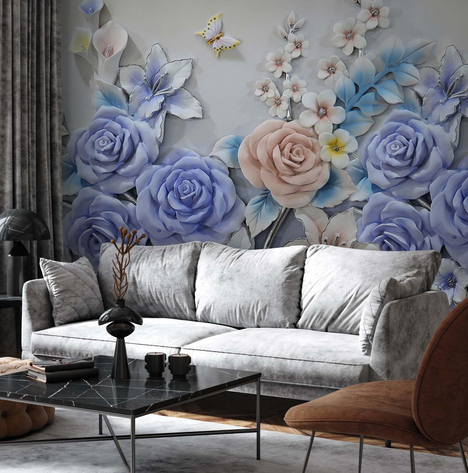 Papier peint les lys et les roses deviennent la piste de vol des papillons