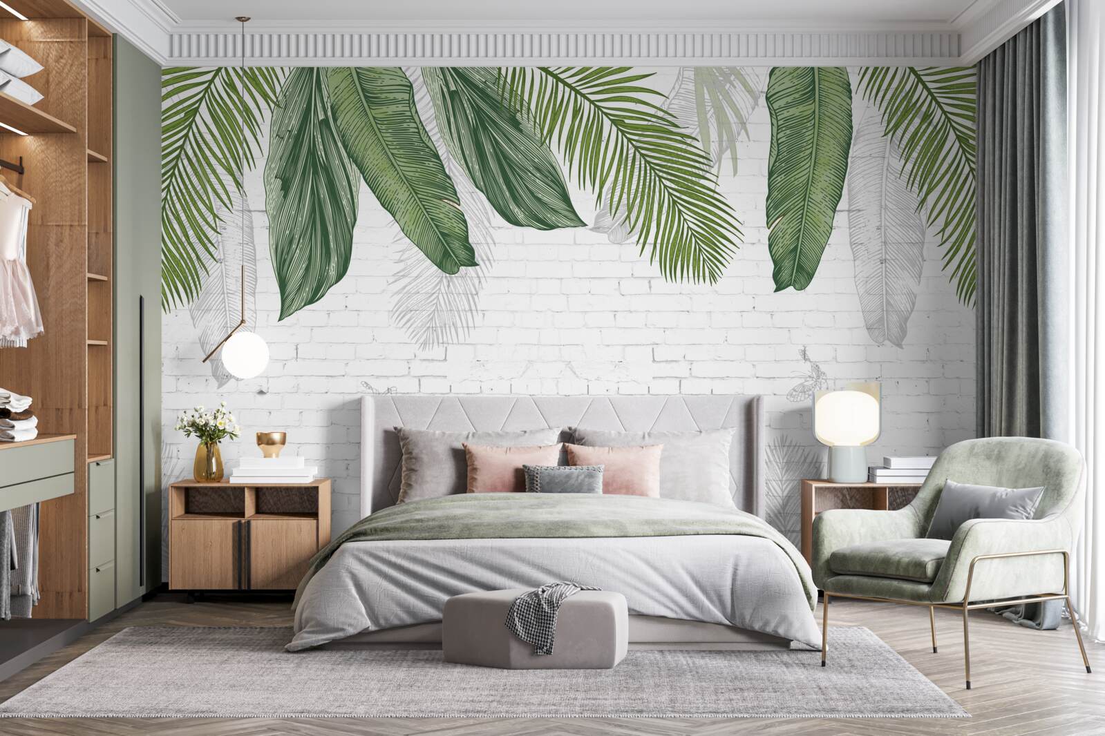 Papier peint la brique est entièrement recouverte de feuilles vertes