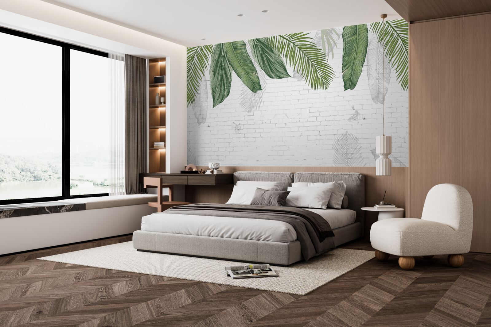 Papier peint la brique est entièrement recouverte de feuilles vertes