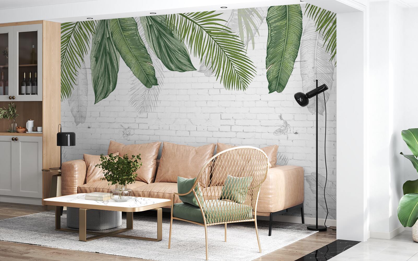 Papier peint la brique est entièrement recouverte de feuilles vertes