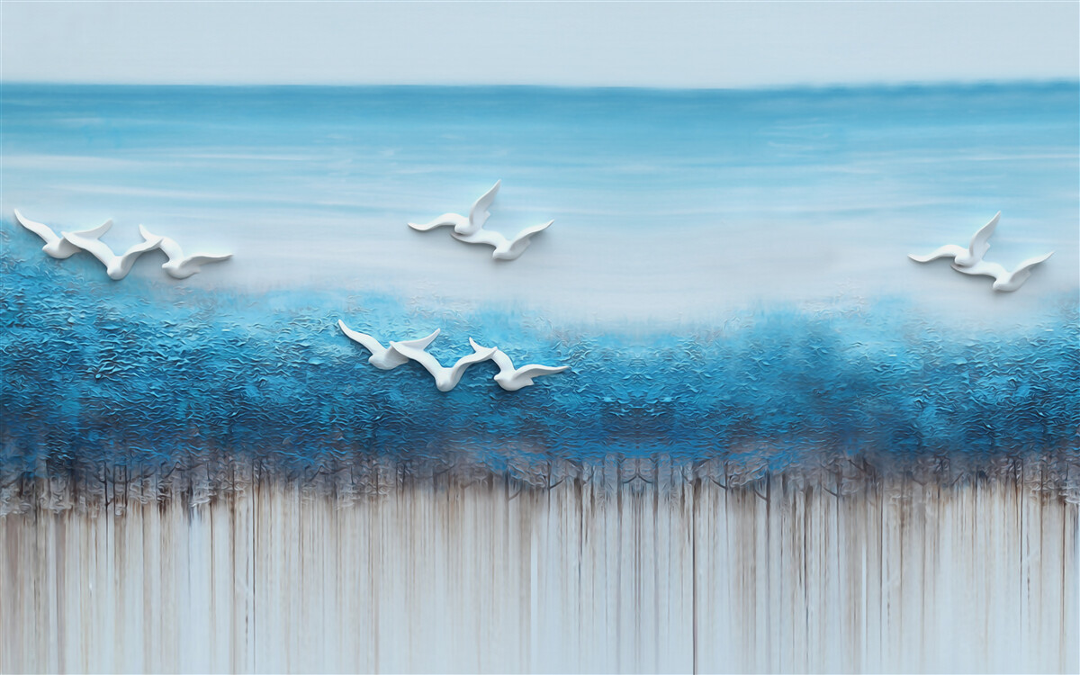 Papier peint Des oiseaux blancs comme neige au-dessus de nuages bleutés