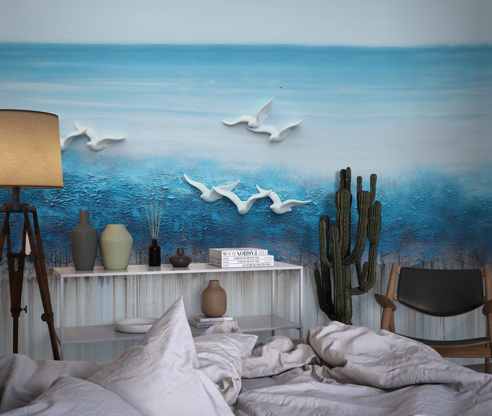 Papier peint Des oiseaux blancs comme neige au-dessus de nuages bleutés