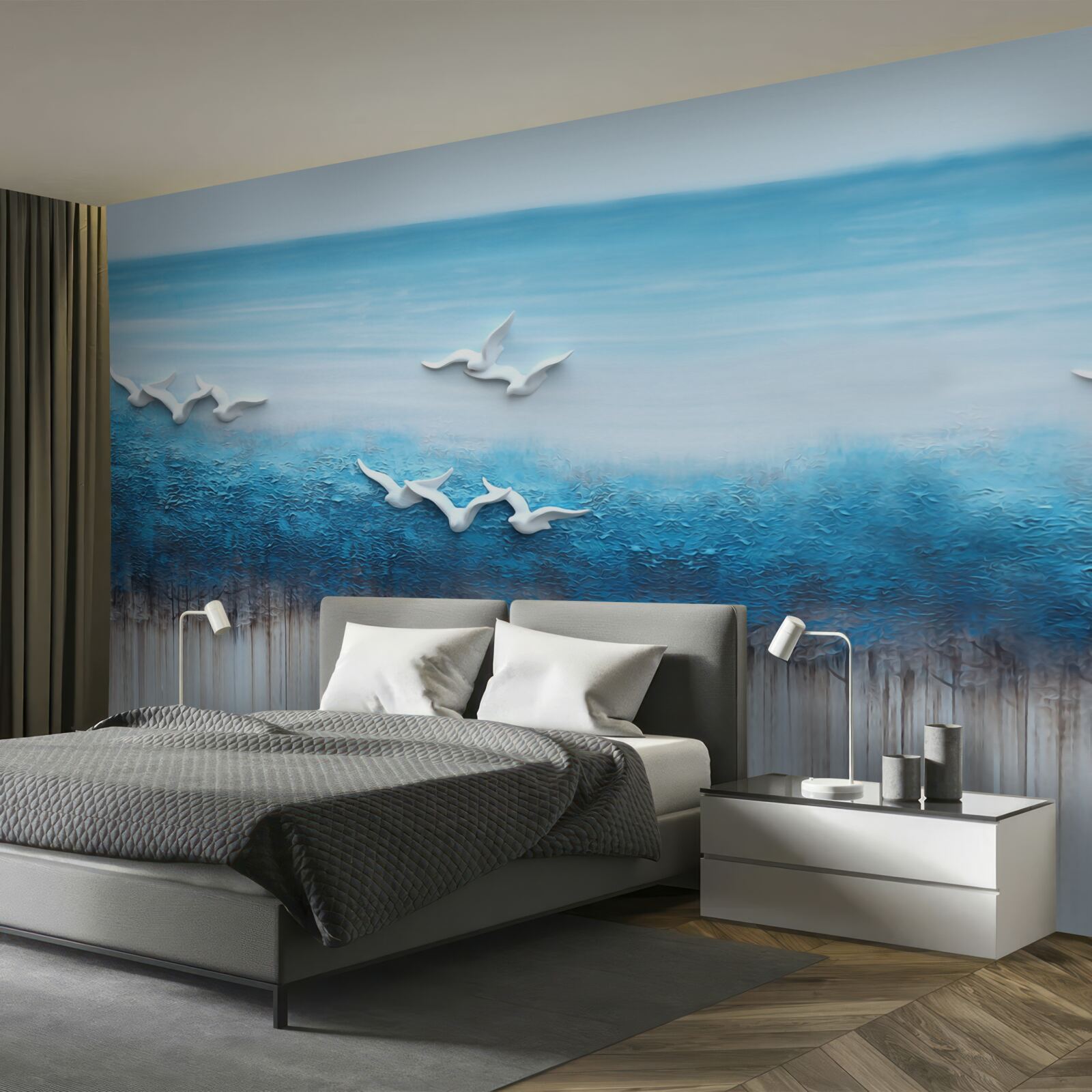 Papier peint Des oiseaux blancs comme neige au-dessus de nuages bleutés