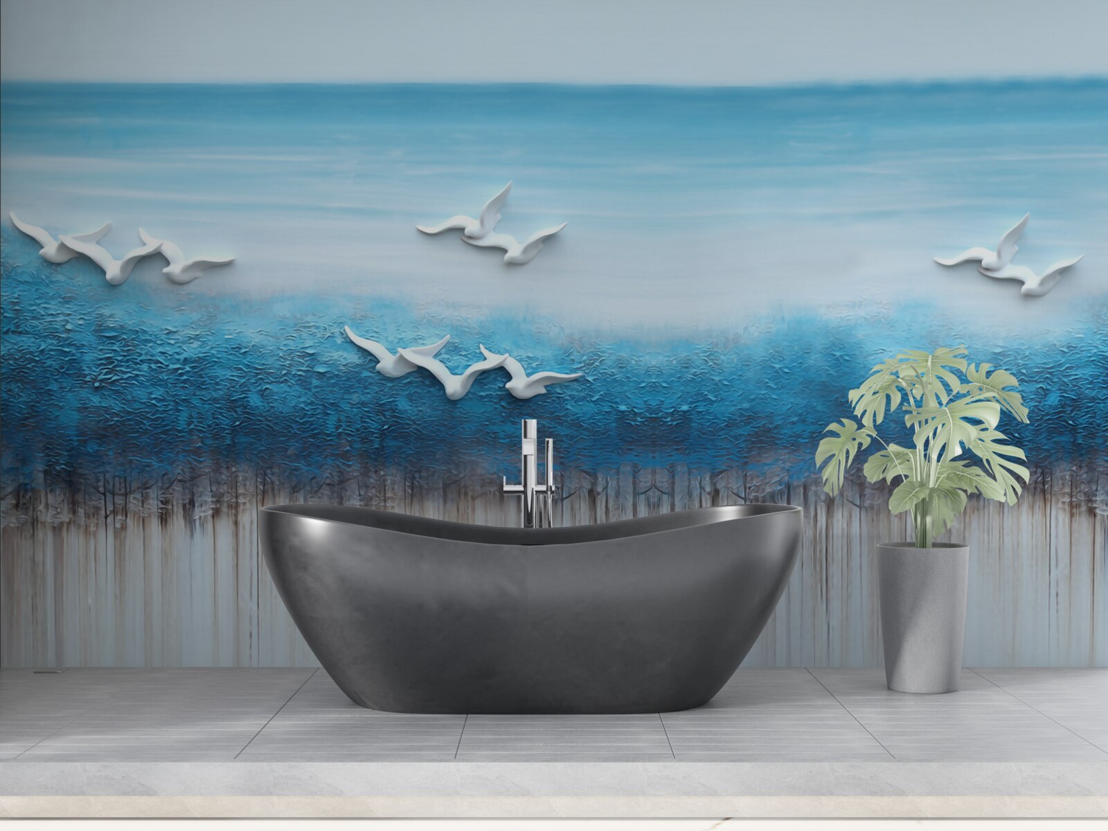 Papier peint Des oiseaux blancs comme neige au-dessus de nuages bleutés