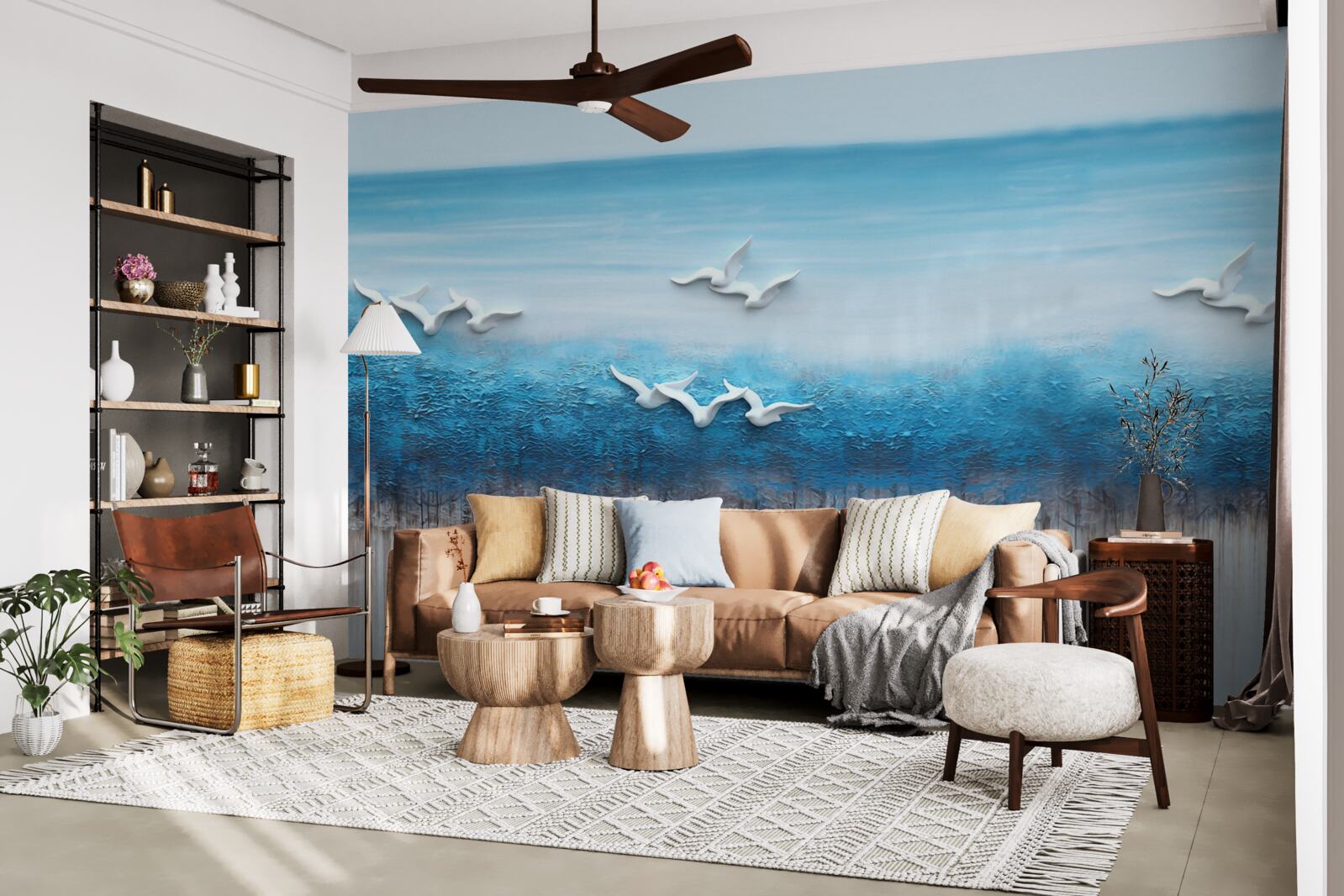 Papier peint Des oiseaux blancs comme neige au-dessus de nuages bleutés