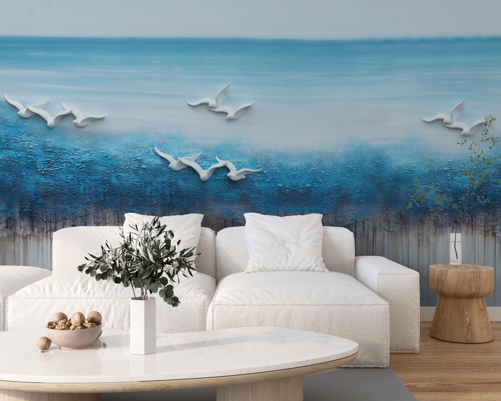 Papier peint Des oiseaux blancs comme neige au-dessus de nuages bleutés