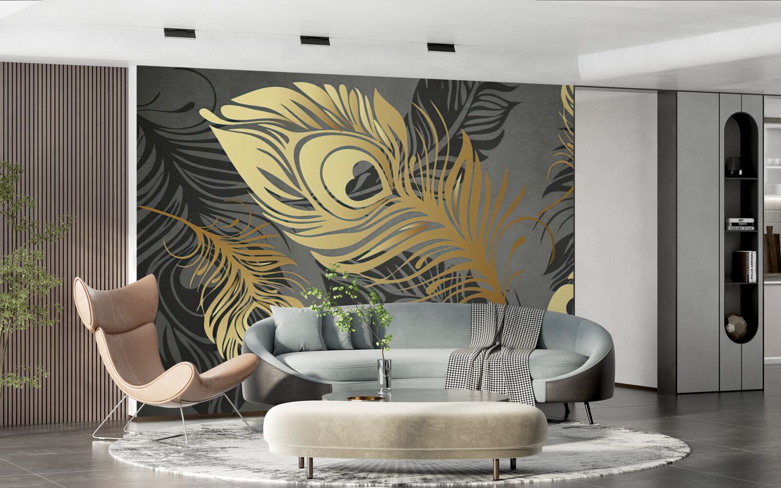 Papier peint plumes avec décor ajouré en or