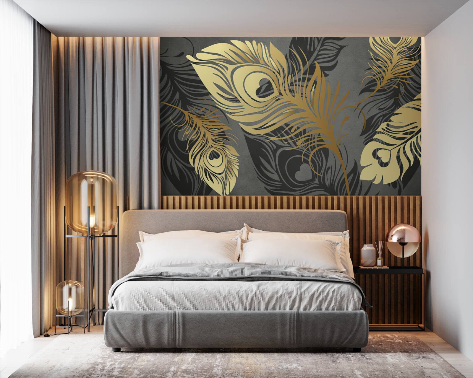 Papier peint plumes avec décor ajouré en or