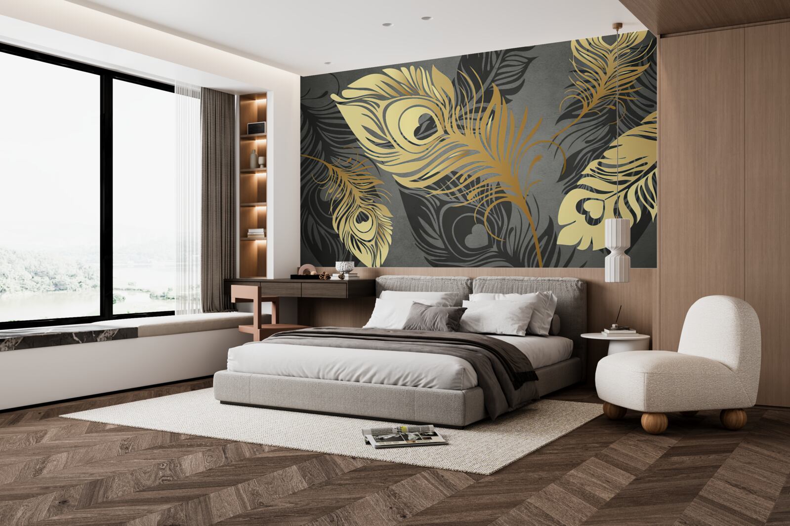 Papier peint plumes avec décor ajouré en or