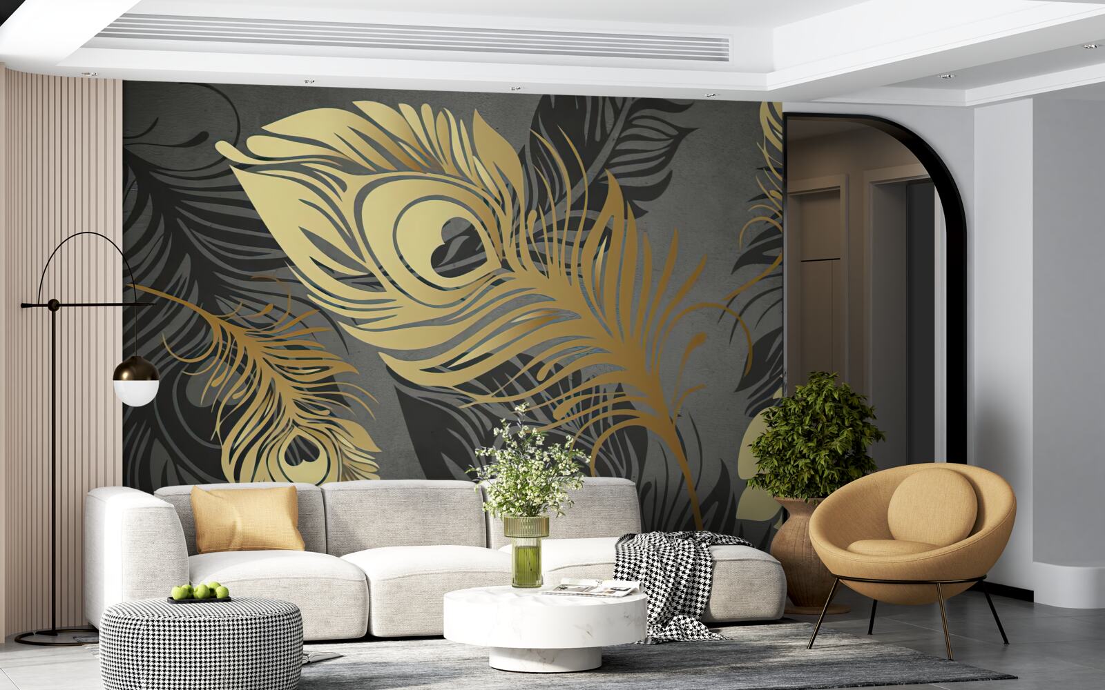 Papier peint plumes avec décor ajouré en or