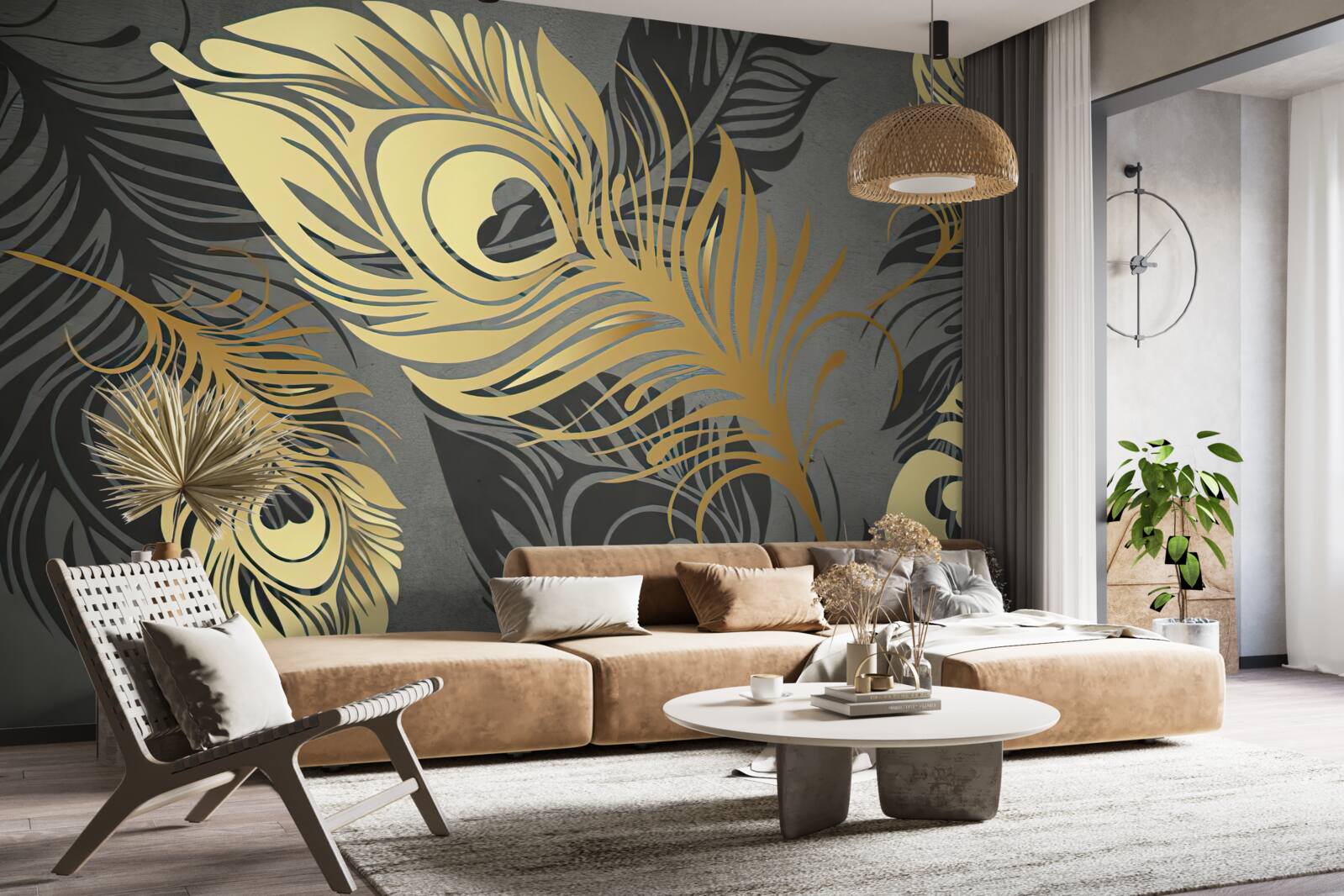 Papier peint plumes avec décor ajouré en or