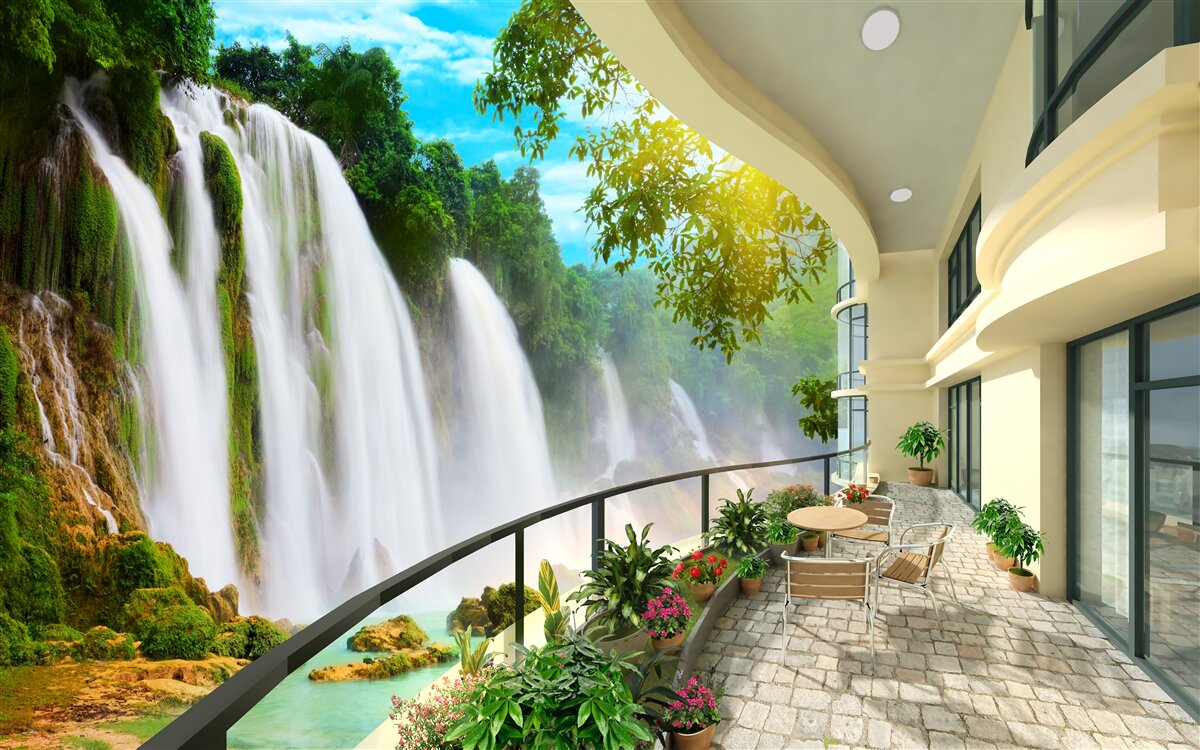 Papier peint magnifique terrasse avec vue panoramique sur la cascade