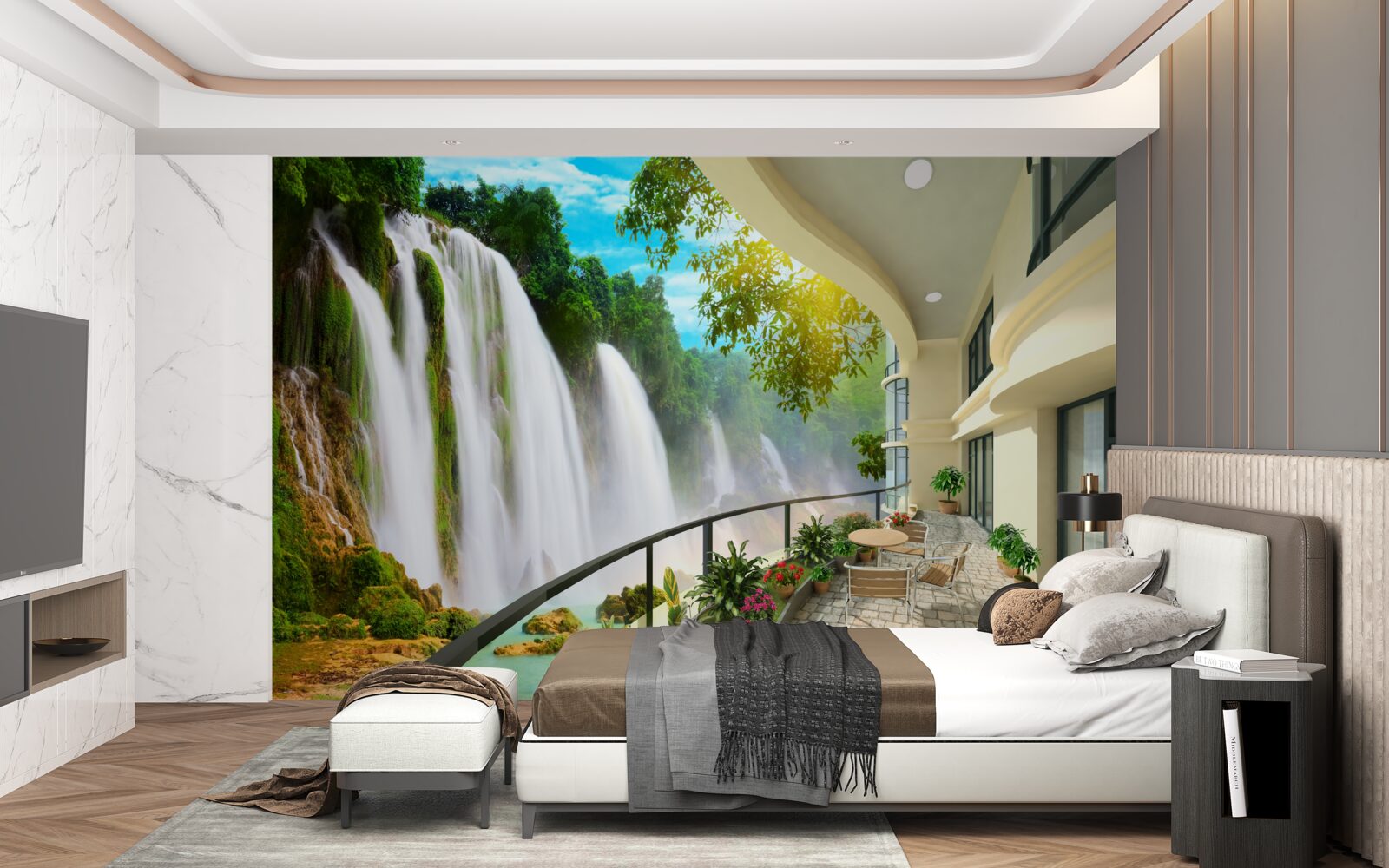 Papier peint magnifique terrasse avec vue panoramique sur la cascade