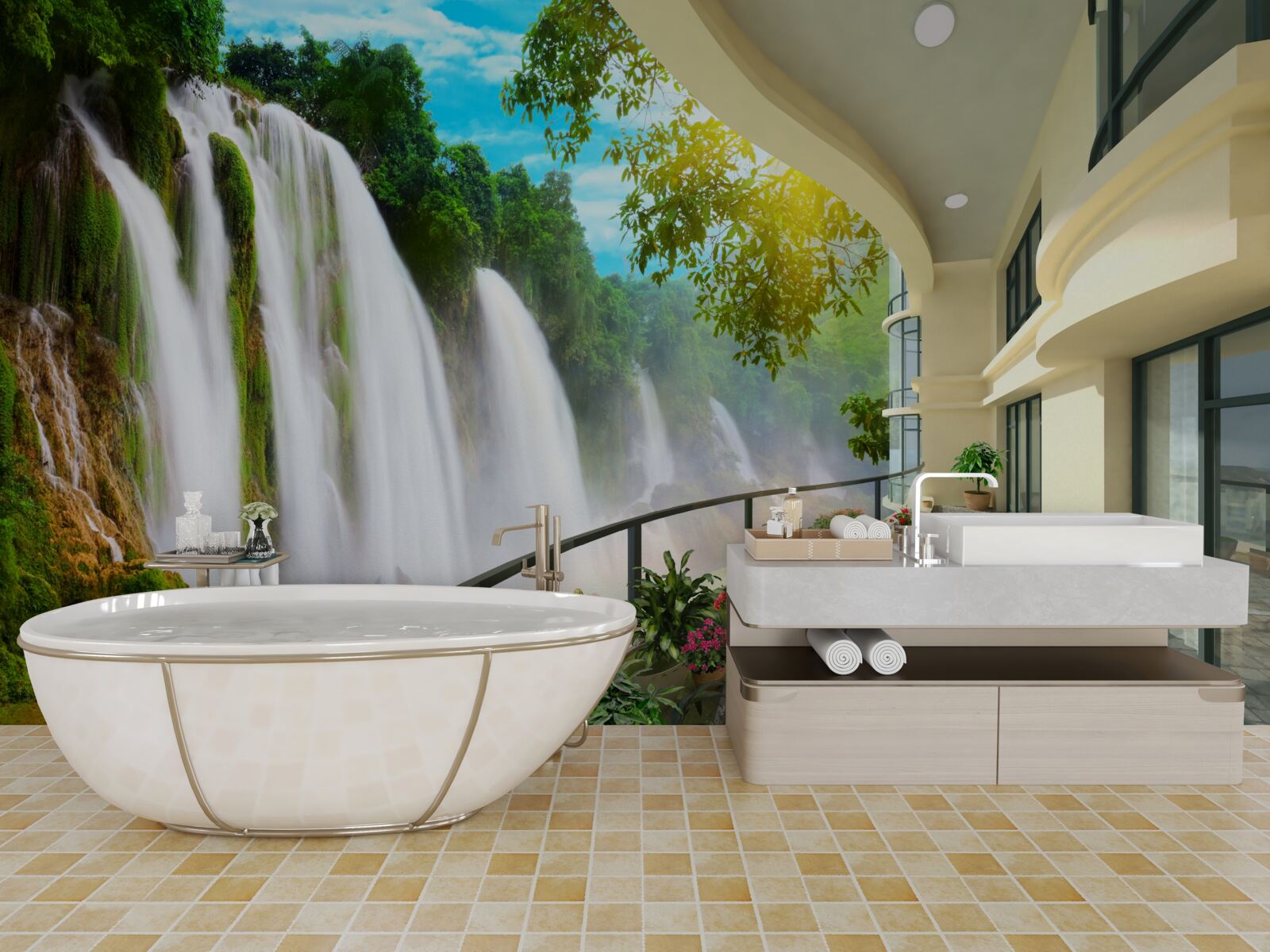 Papier peint magnifique terrasse avec vue panoramique sur la cascade