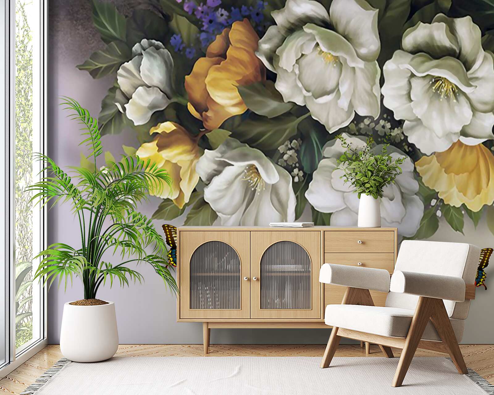 Papier peint deux lépidoptères dans des tulipes blanches et jaunes