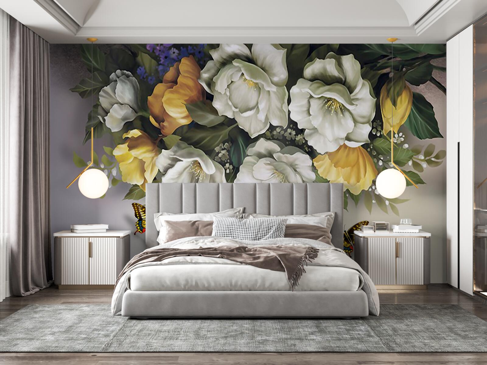 Papier peint deux lépidoptères dans des tulipes blanches et jaunes