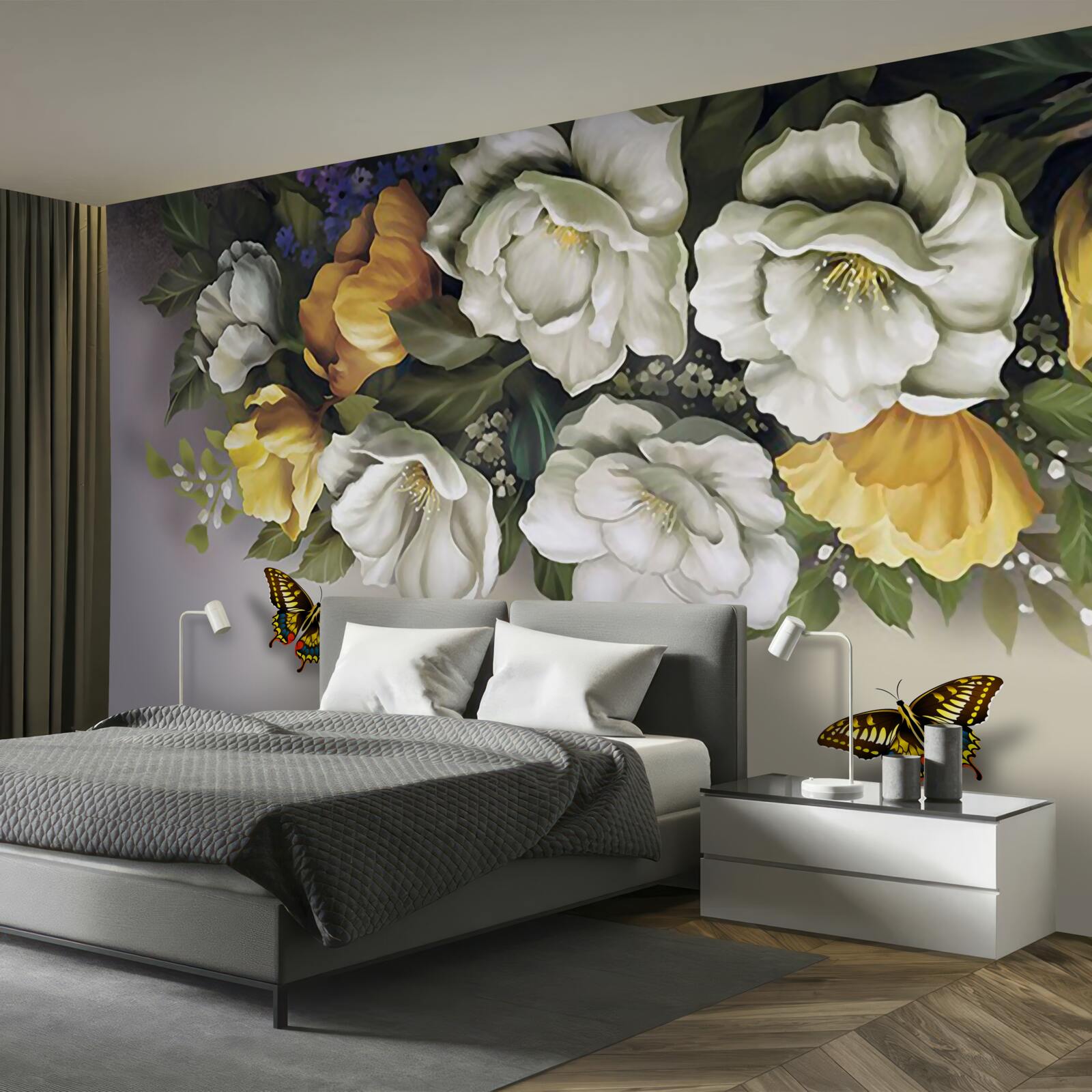Papier peint deux lépidoptères dans des tulipes blanches et jaunes