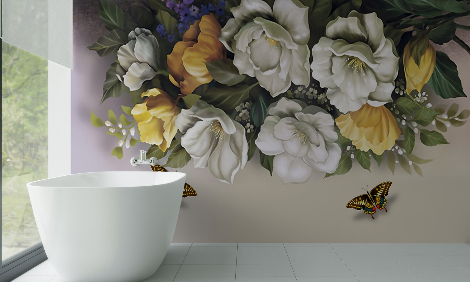 Papier peint deux lépidoptères dans des tulipes blanches et jaunes