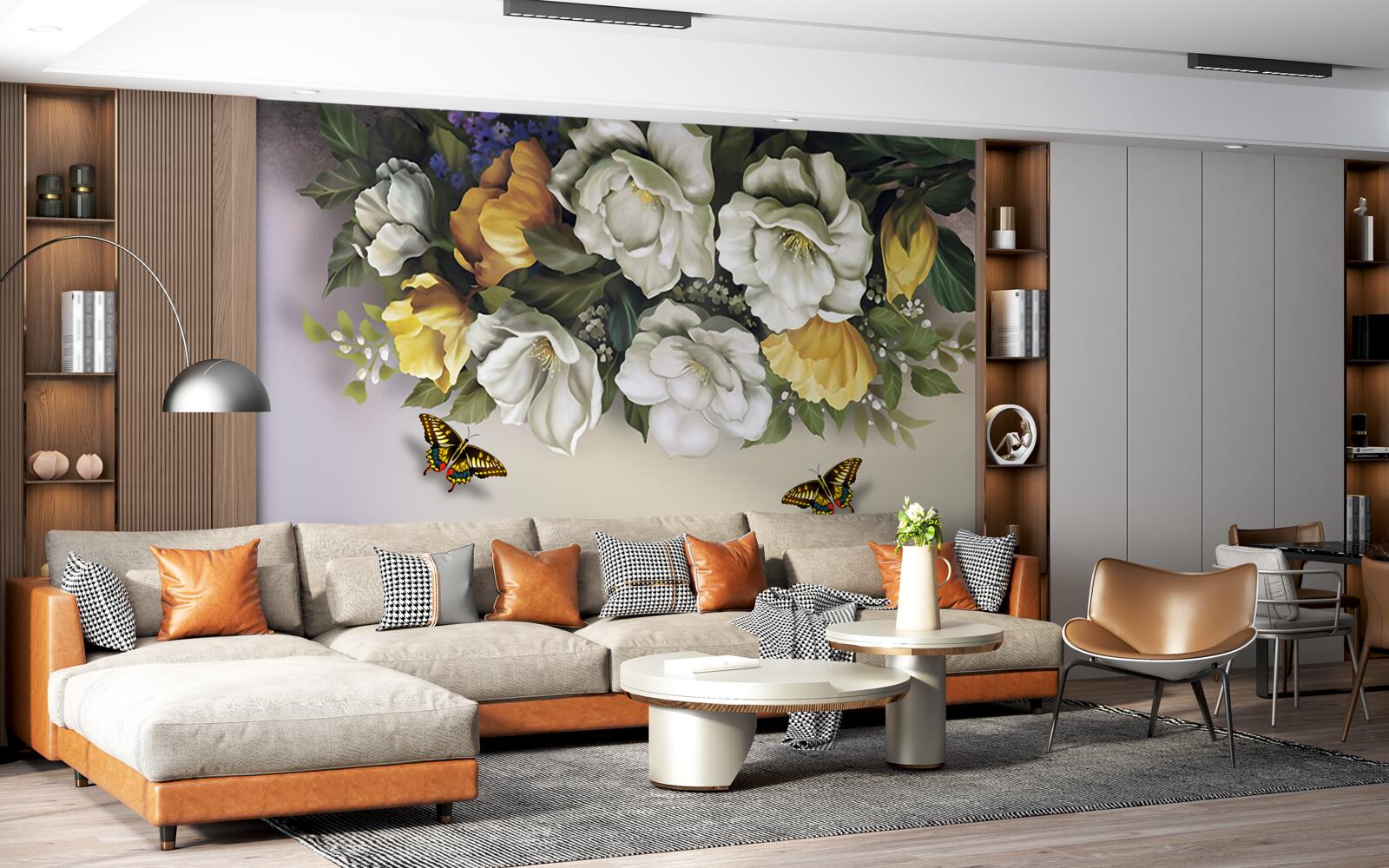 Papier peint deux lépidoptères dans des tulipes blanches et jaunes