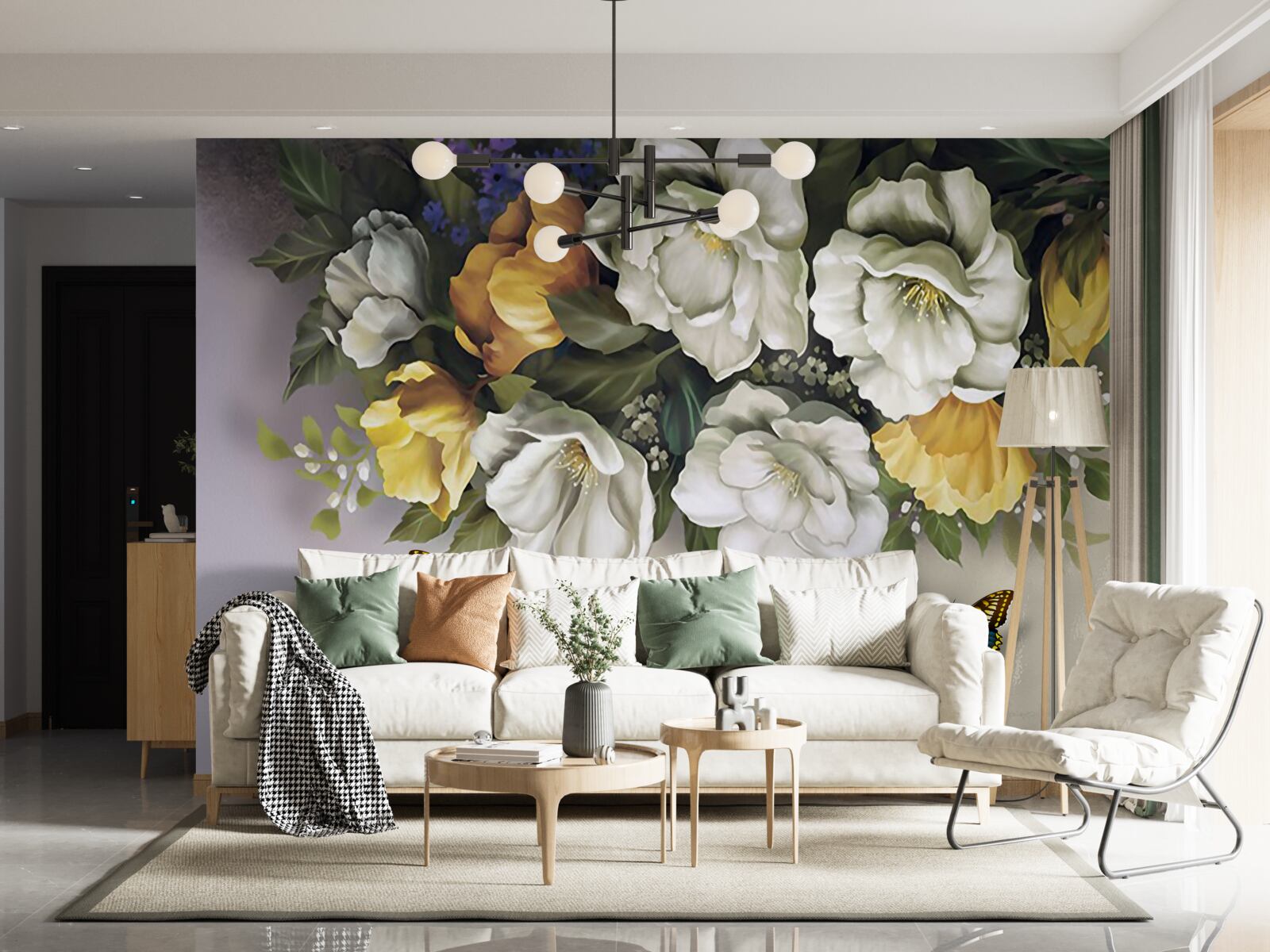 Papier peint deux lépidoptères dans des tulipes blanches et jaunes