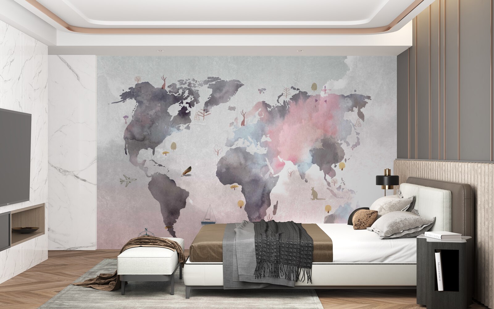 Papier peint carte du monde réalisée à l'aquarelle