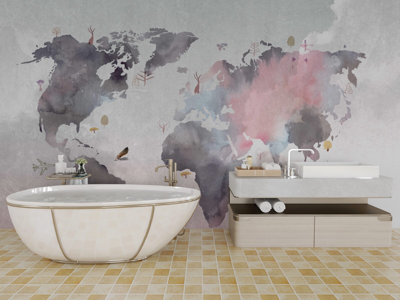 Papier peint carte du monde réalisée à l'aquarelle