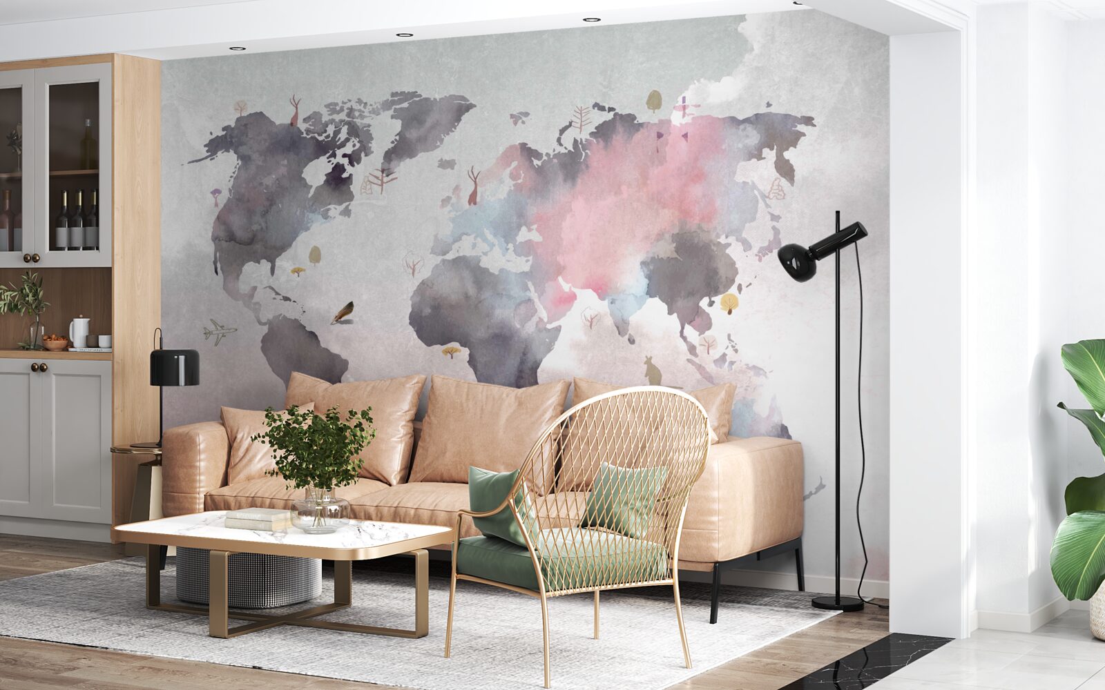 Papier peint carte du monde réalisée à l'aquarelle