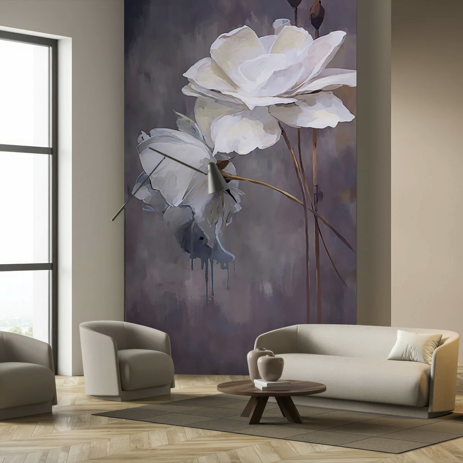 Papier peint deux grandes fleurs blanches