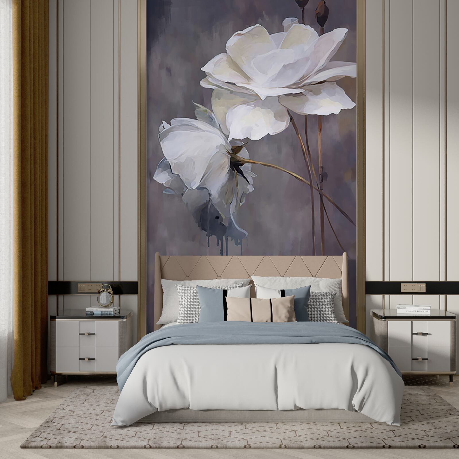 Papier peint deux grandes fleurs blanches