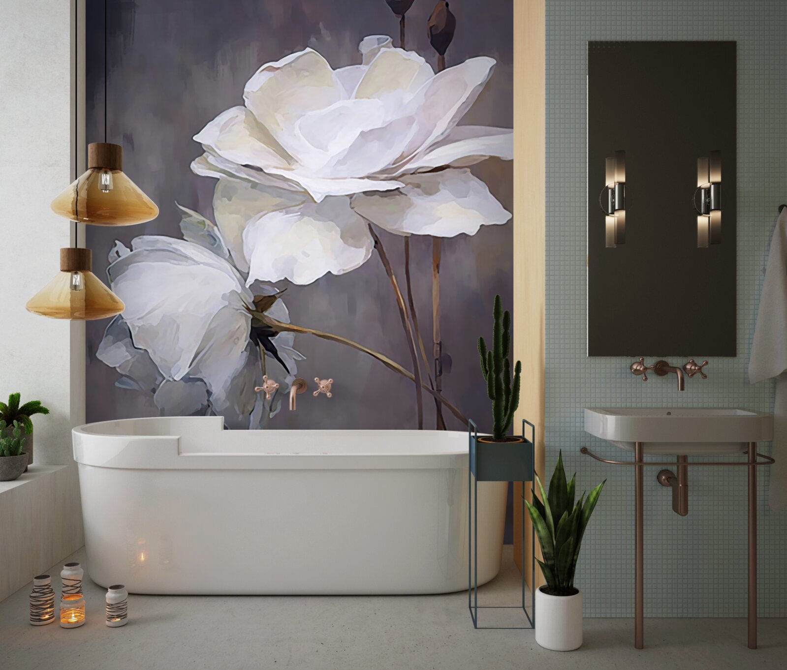 Papier peint deux grandes fleurs blanches