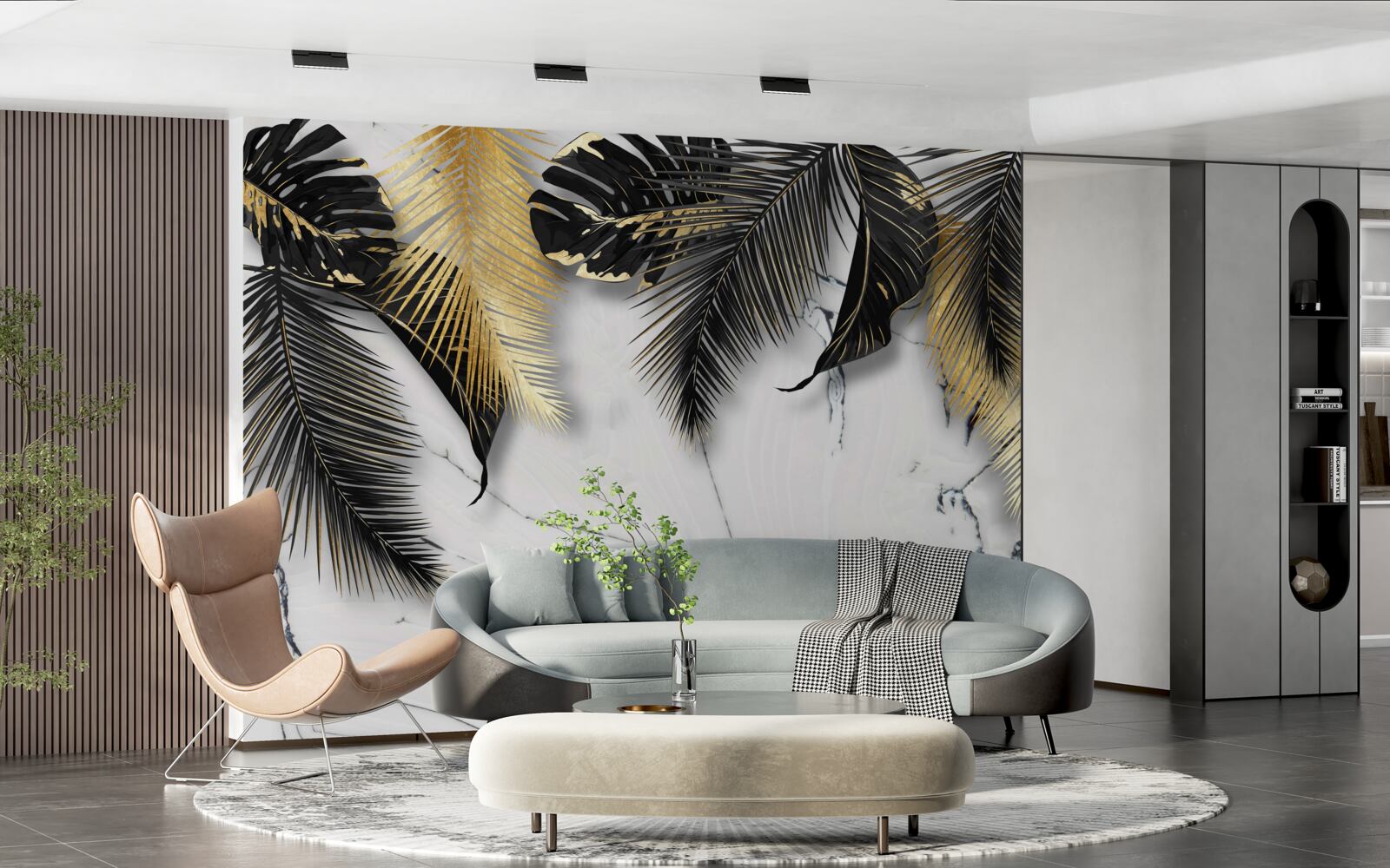 Papier peint le marbre est parsemé de feuilles brunes et noires