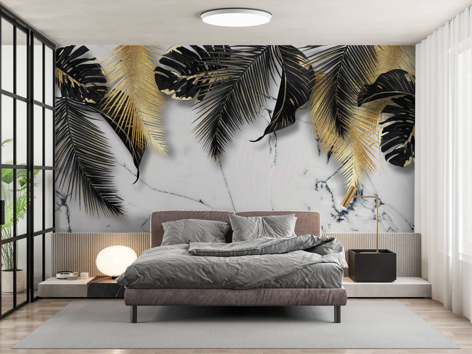 Papier peint le marbre est parsemé de feuilles brunes et noires