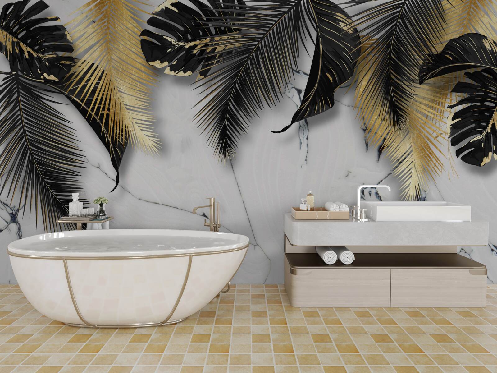 Papier peint le marbre est parsemé de feuilles brunes et noires