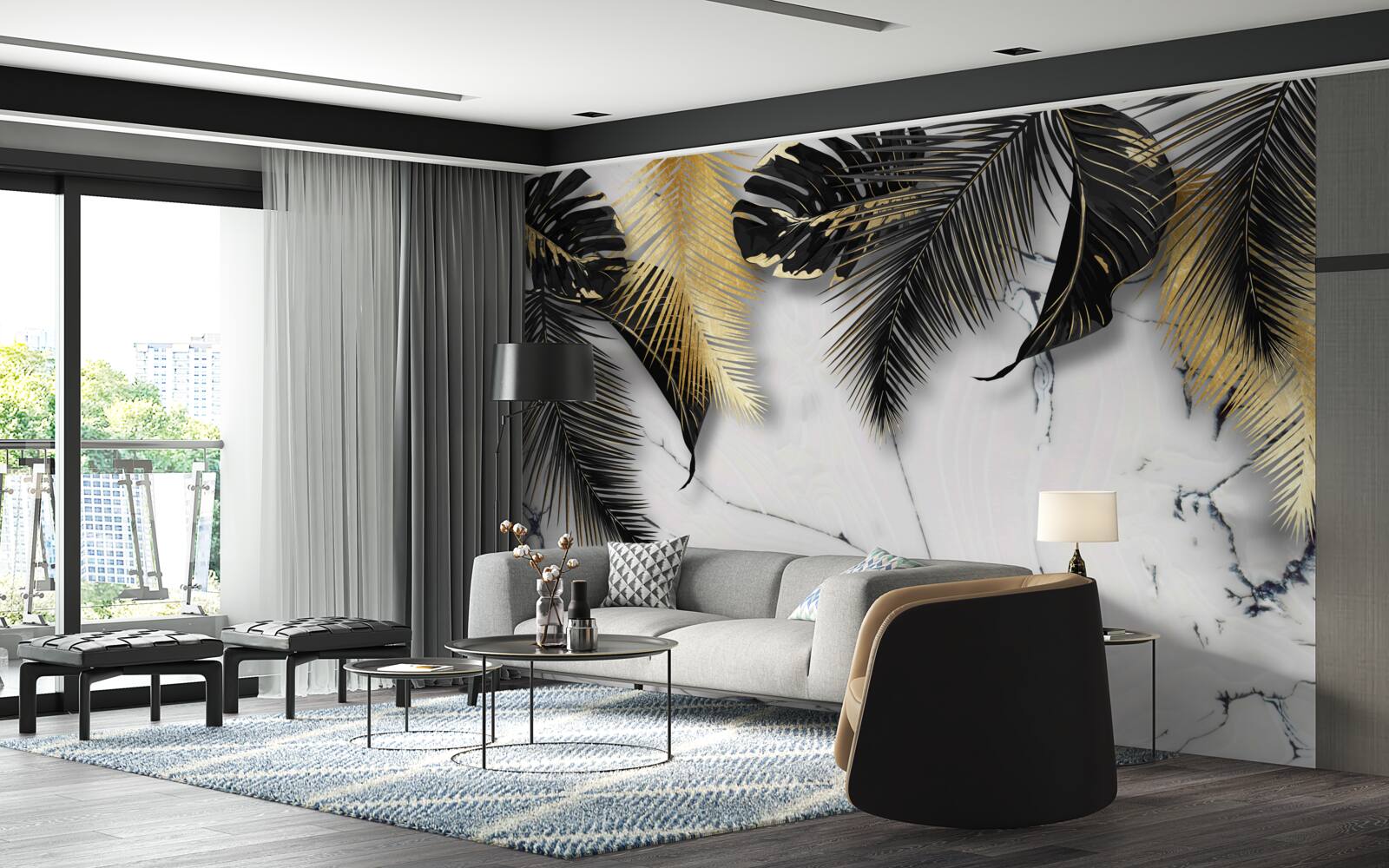 Papier peint le marbre est parsemé de feuilles brunes et noires