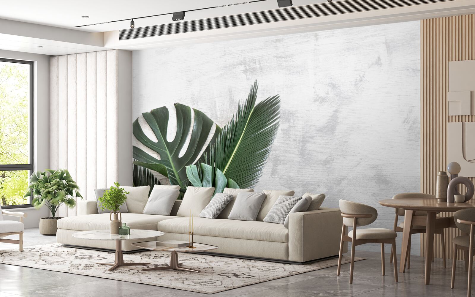 Papier peint le fond gris fait ressortir le vert des fougères