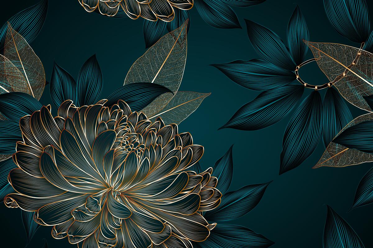 Papier peint pissenlit et feuille d'or