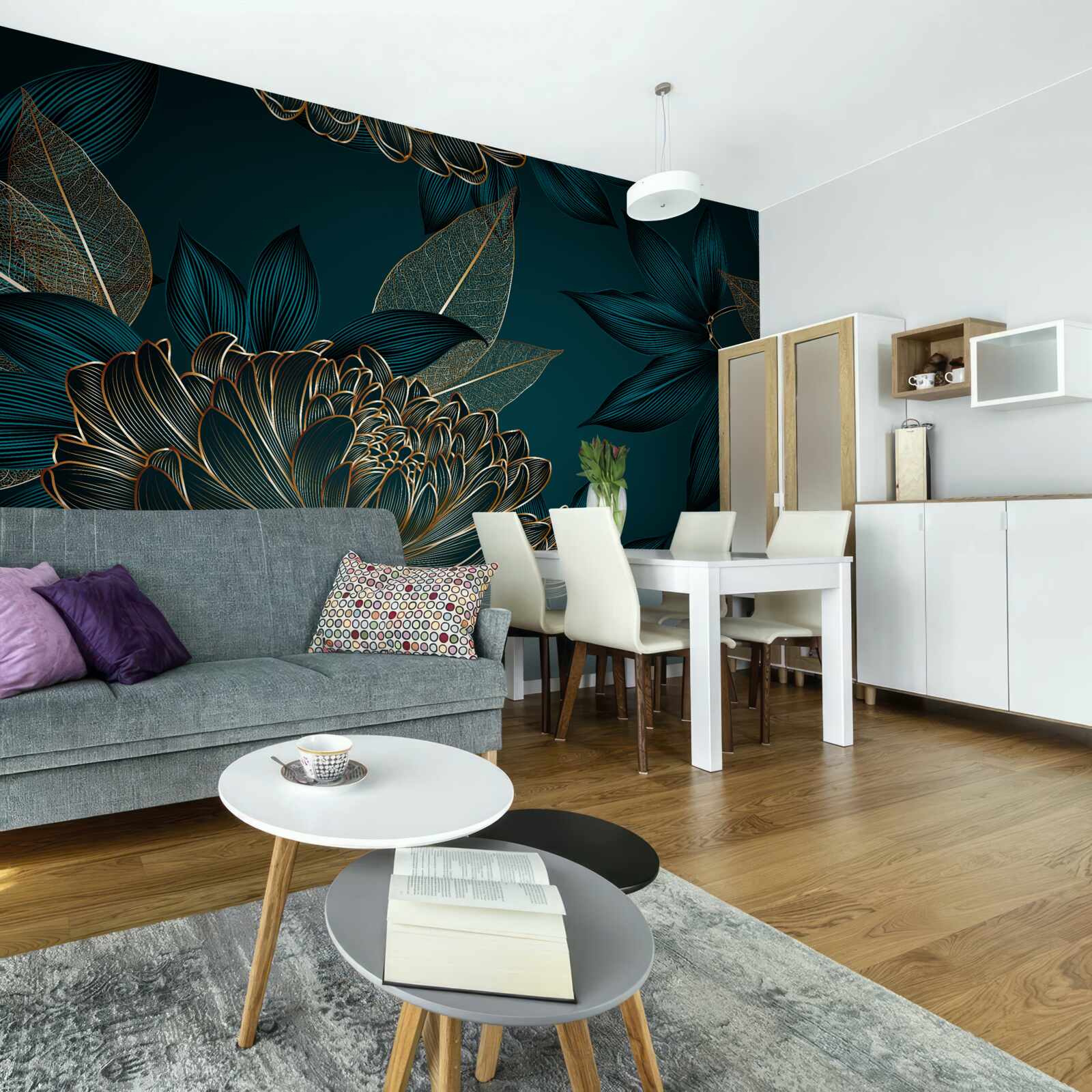 Papier peint pissenlit et feuille d'or