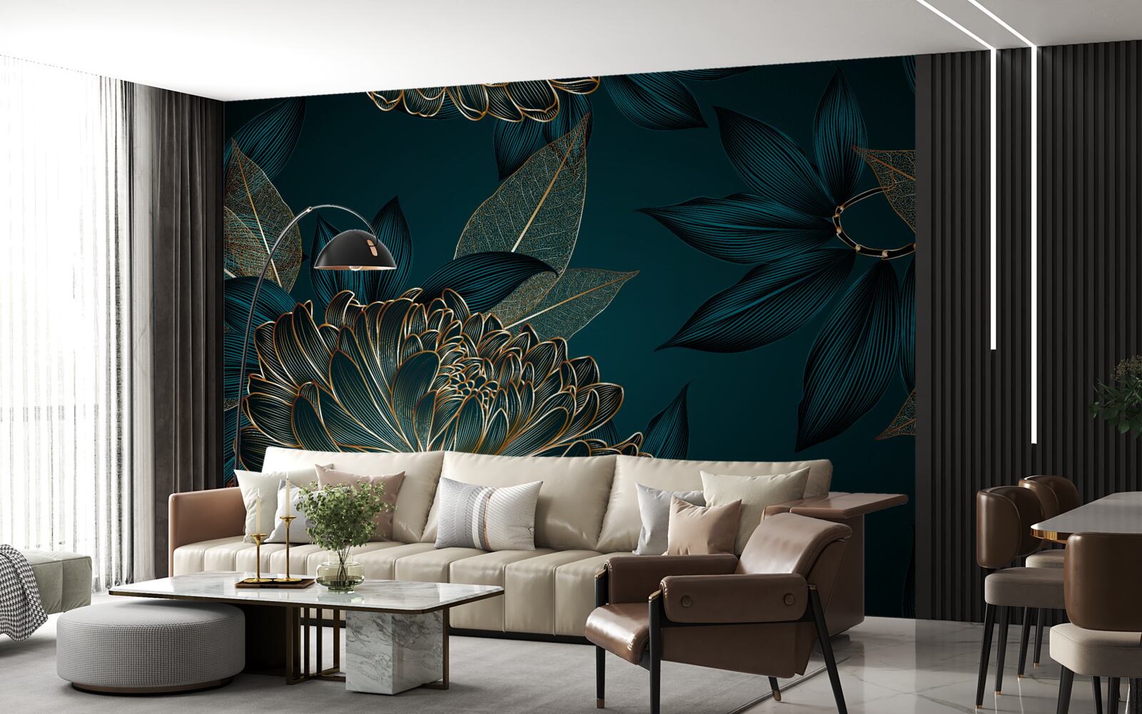 Papier peint pissenlit et feuille d'or