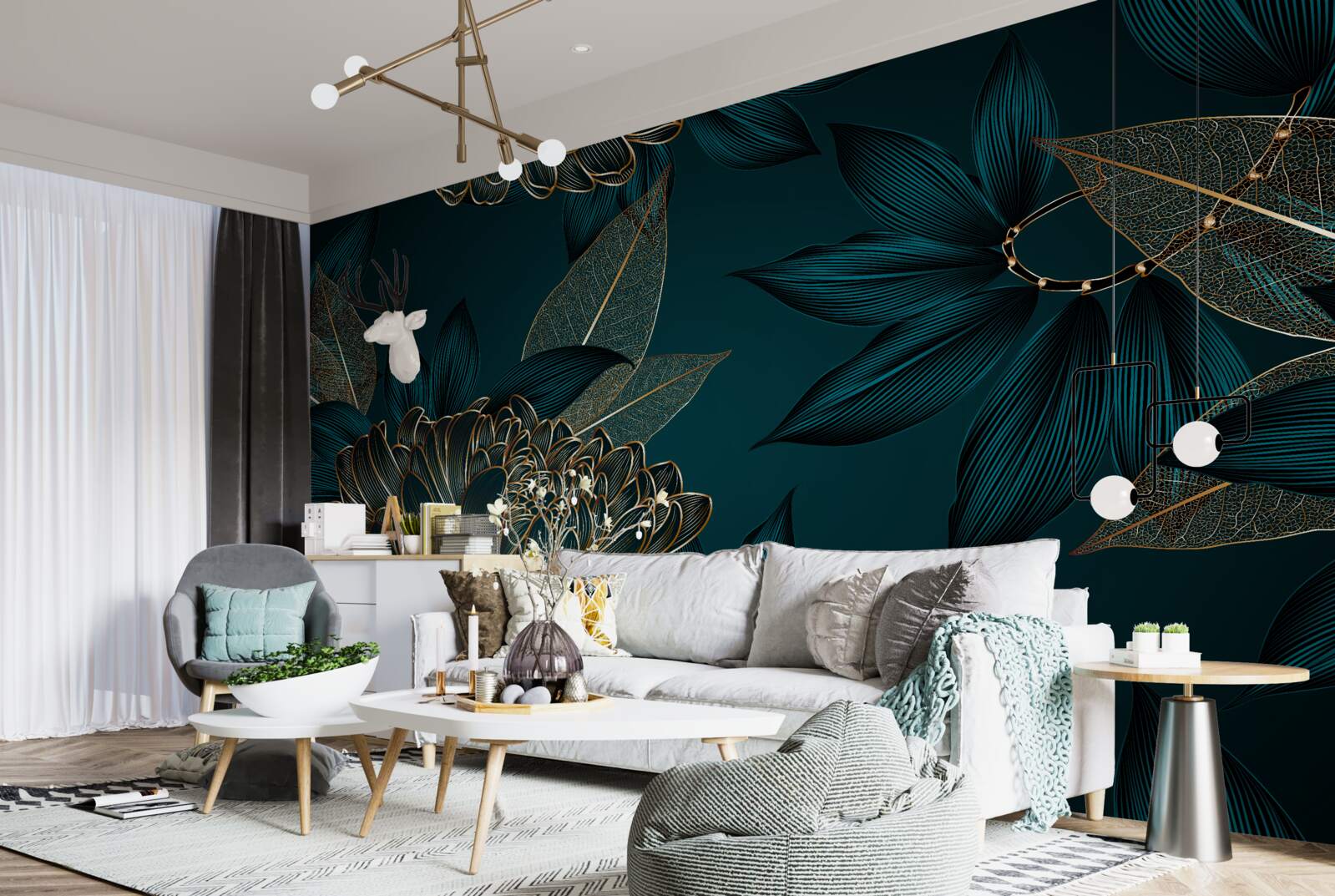 Papier peint pissenlit et feuille d'or