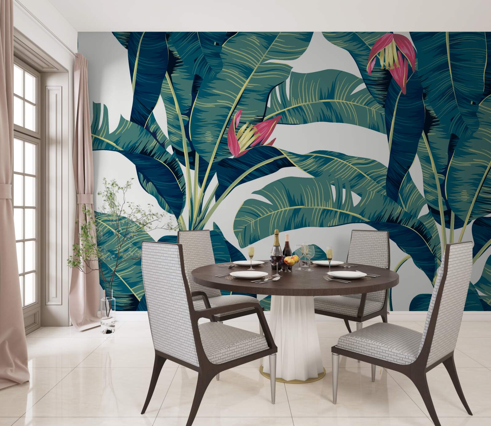 Papier peint fleurs parmi des feuilles tropicales vertes