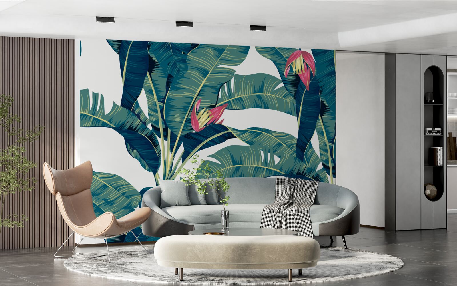 Papier peint fleurs parmi des feuilles tropicales vertes