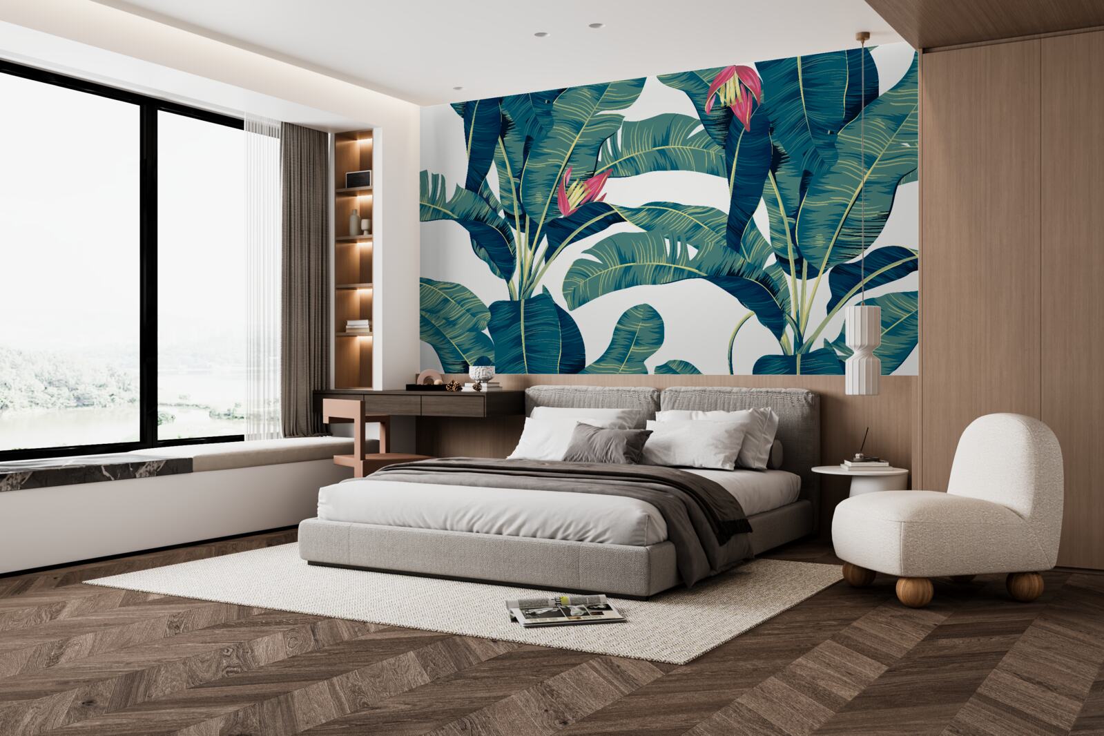 Papier peint fleurs parmi des feuilles tropicales vertes