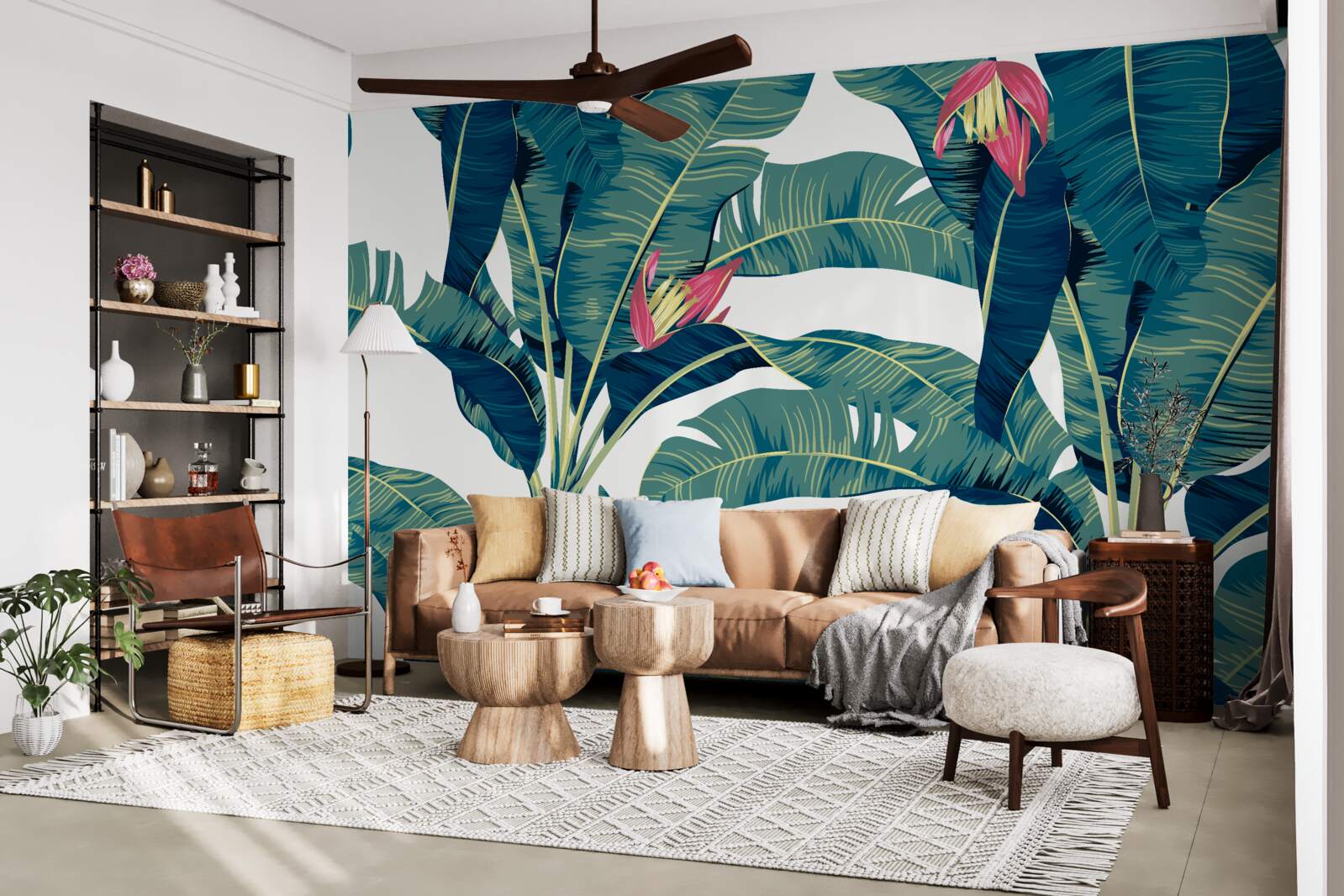 Papier peint fleurs parmi des feuilles tropicales vertes