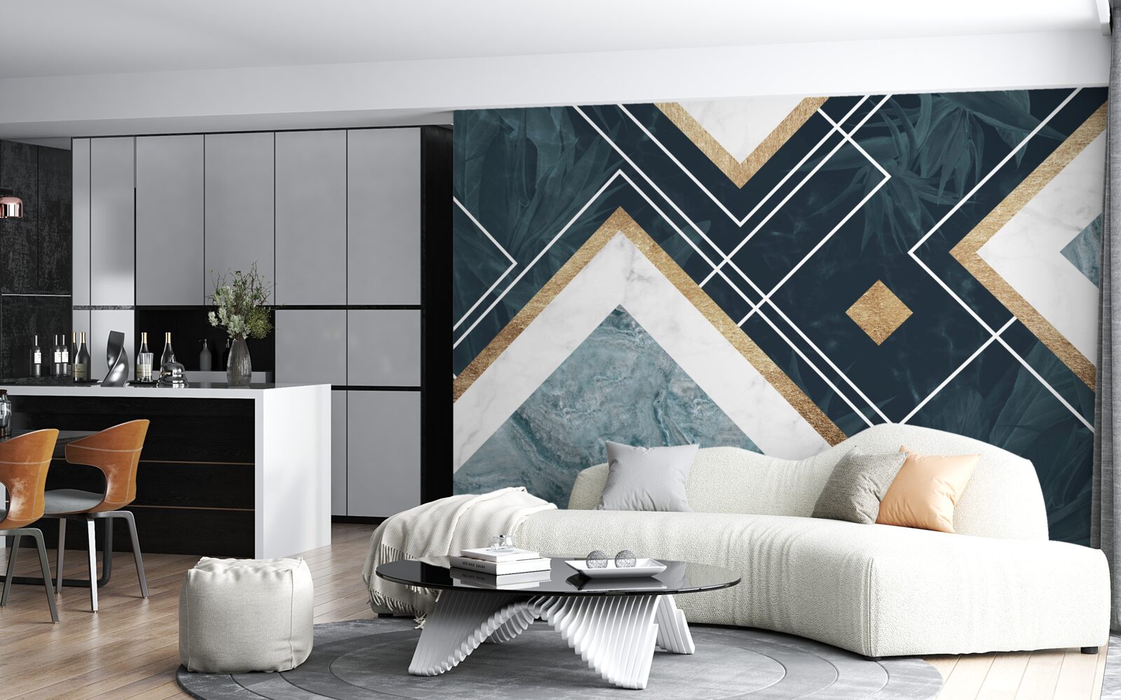 Papier peint mosaïque bleue avec éléments blancs