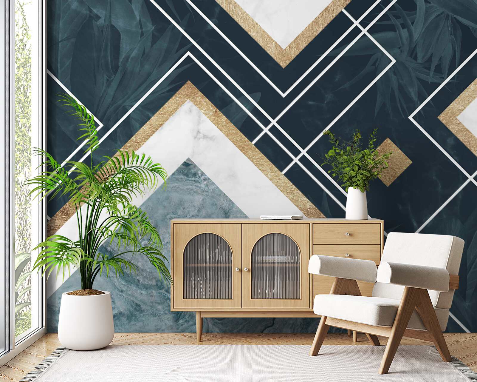 Papier peint mosaïque bleue avec éléments blancs