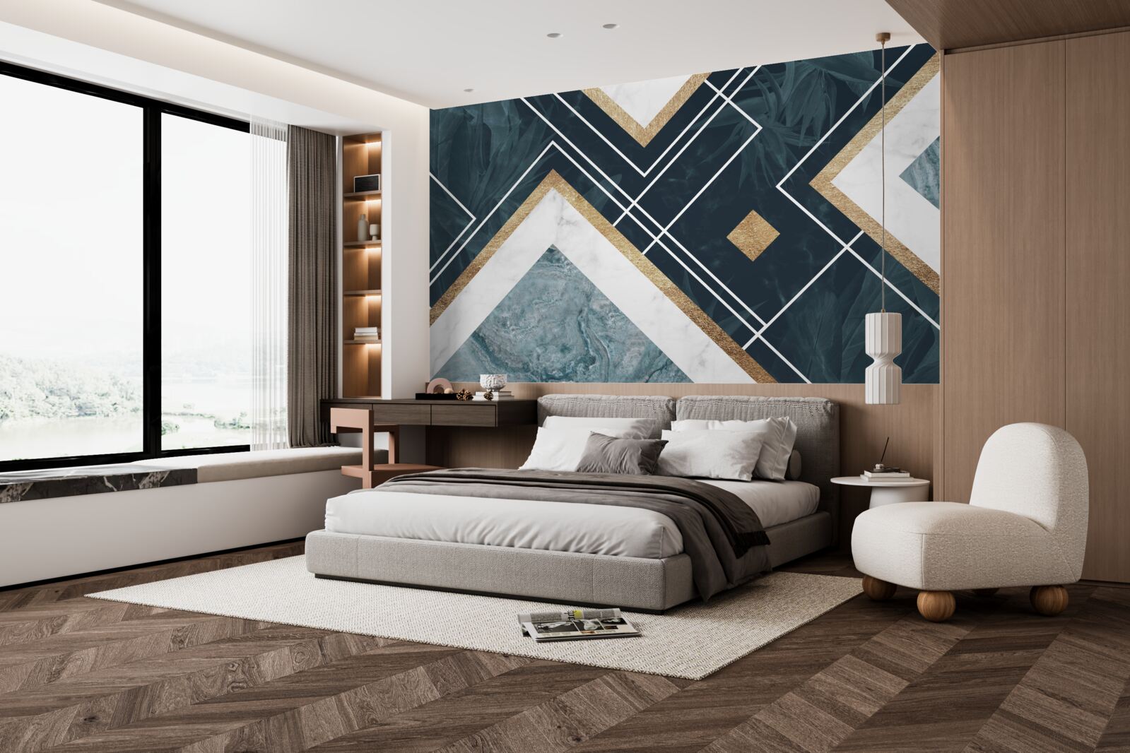 Papier peint mosaïque bleue avec éléments blancs