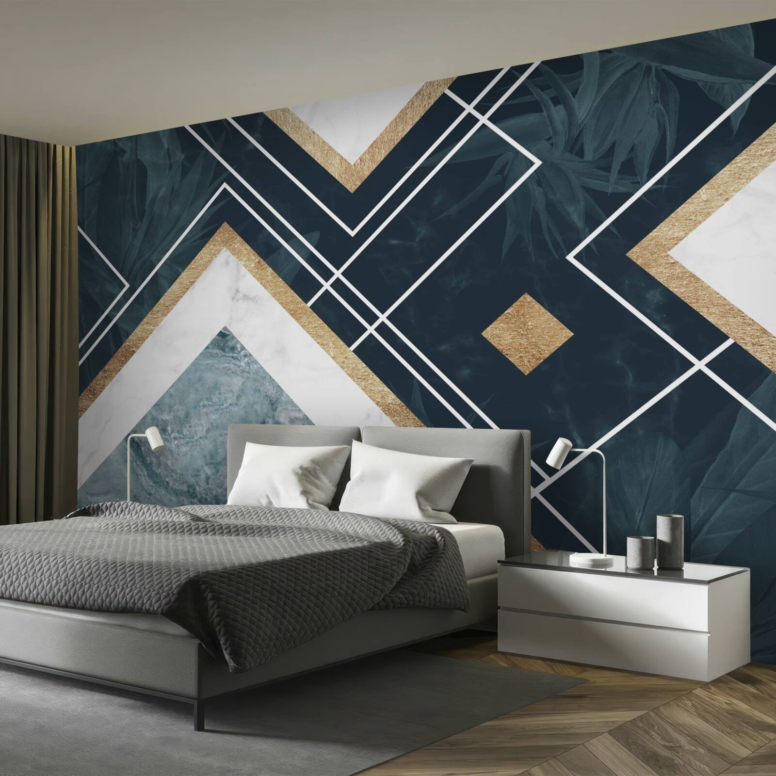 Papier peint mosaïque bleue avec éléments blancs