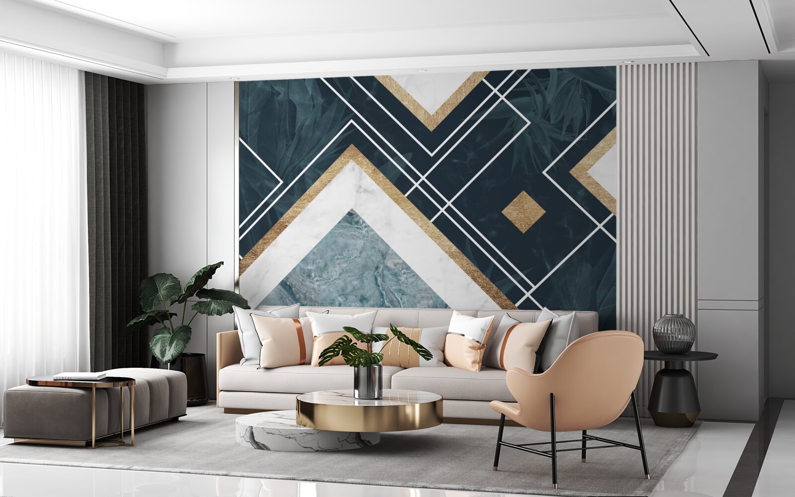 Papier peint mosaïque bleue avec éléments blancs