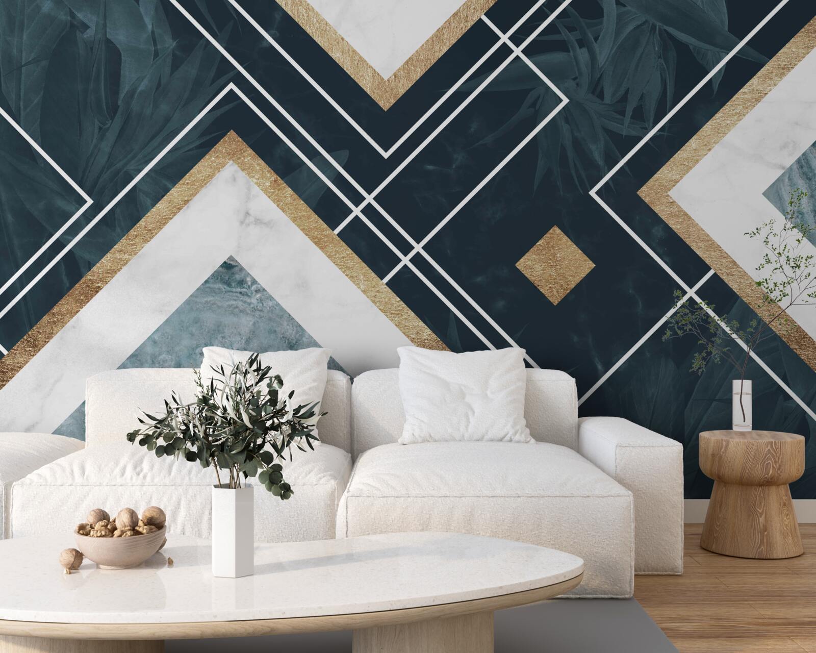 Papier peint mosaïque bleue avec éléments blancs